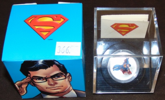 2013 $15 75th Anniversary Superman Silver Round in original Mint Box with clear display case and pap
