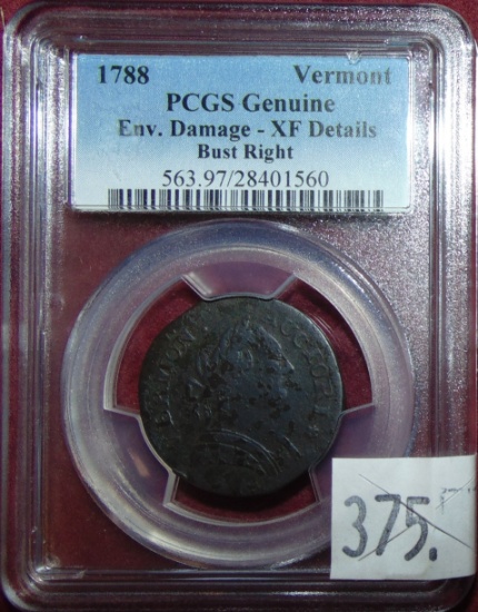 1788 Vermont 1/2P Bust Right PCGS Genuine Env. Damage XF Details.