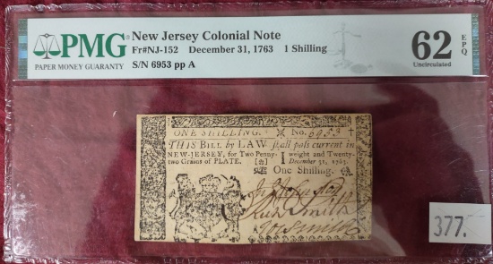 December 31, 1763 1 Shilling Frational Currency New Jersey Colonial Note PMG 62 UNC.