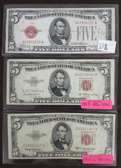 (3) $5 Red Seal Notes: Series of 1928C, 1953, 1953C.