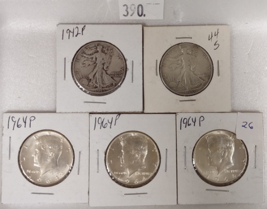 (5) Half Dollars: 1942, 1944-S Walking Liberty, (3) 1964 Kennedy.