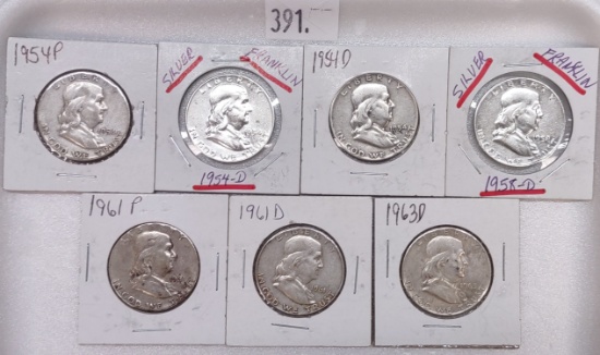 (7) Franklin Half Dollars: 1954, (2) 1954-D, 1958-D, 1961, 1961-D, 1963-D.