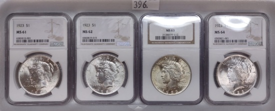 (4) 1923 Peace Dollars:NGC MS61, MS62, MS63, MS64.