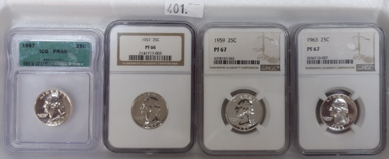 (4) Washington Quarters: 1957 ICG PR68, 1957 NGC PF66, 1959 NGC PF67, 1963 NGC PF67.