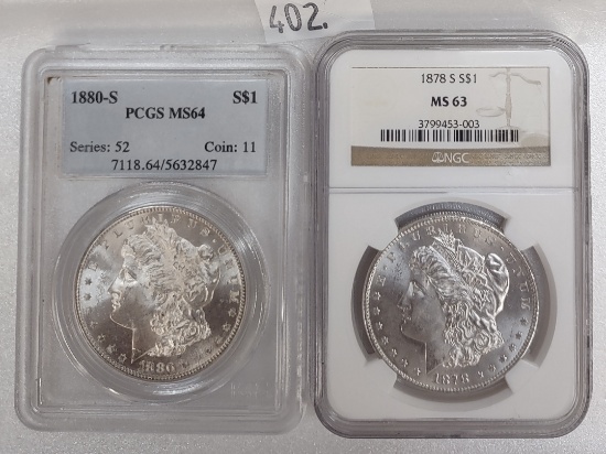 (2) Morgan Dollars: 1878 NGC MS63, 1880-S PCGS MS64.