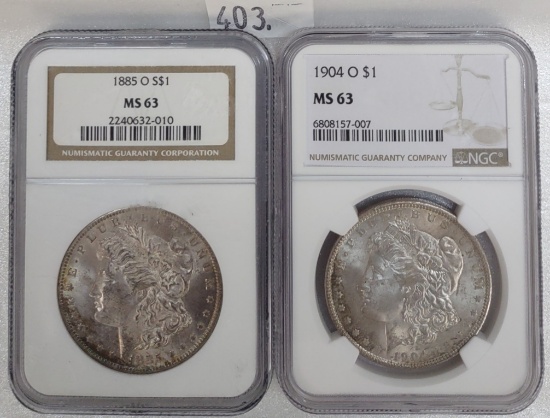 (2) Morgan Dollars: 1885-O NGC MS63, 1904 NGC MS63.