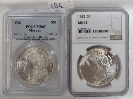 1921 Morgan Dollar PCGS MS63. 1923 Peace Dollar NGC MS62.