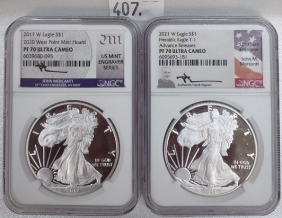 (2) Silver Eagles: 2017-W NGC PF70 Ultra Cameo. 2021-W PF70 Ultra Cameo.