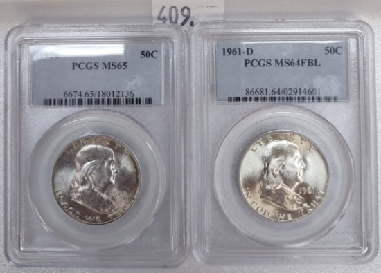 (2) Franklin Half Dollars: 1958 PCGS MS65. 1961-D PCGS MS64FBL.