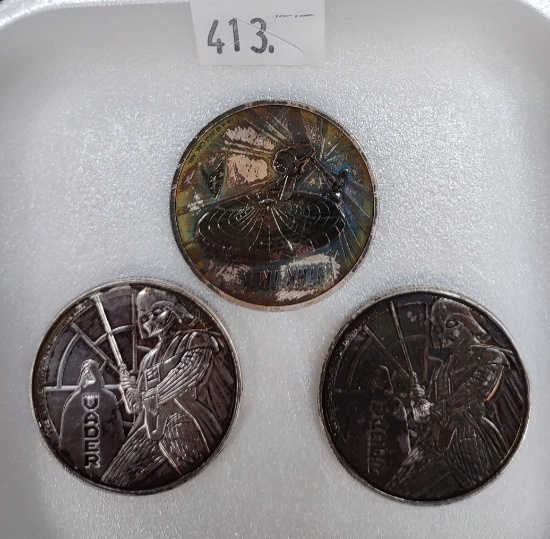 (3) 1 Oz. Silver Rounds: (2) Star Wars Darth Vader. (1) Star Trek.