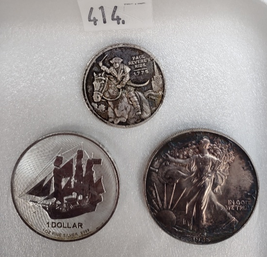 Silver Variety: 1/2 Troy Oz. .999 Paul Revere Ride. 2022 $1 1 Oz. .999 Elizabeth II. 1986 Silver Eag