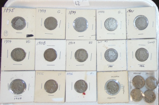 Variety: (10) "V" Nickels, (8) Buffalo Nickels.