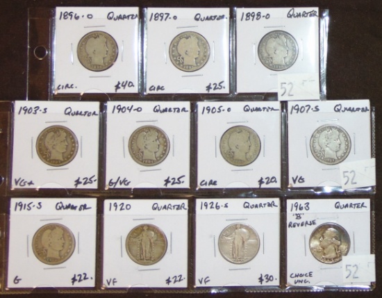Quarter Variety: (8) Barber, (2) Standing Liberty, (1) Washington.