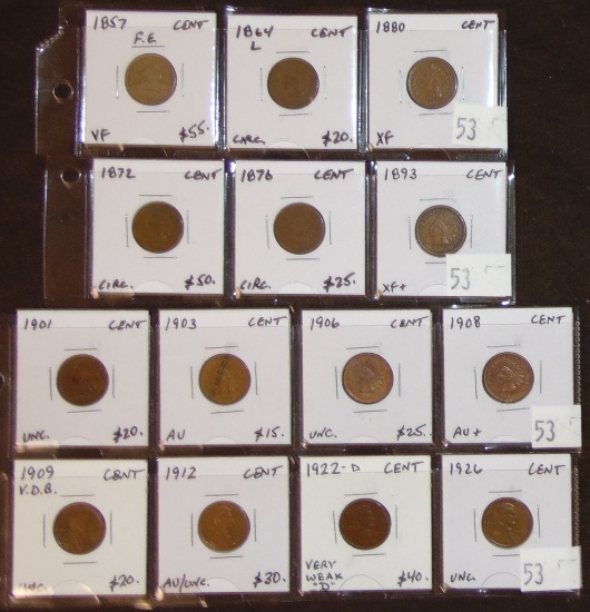 Variety: (1) Flying Eagle Cent. (9) Indiaqn Cents. (4) Wheat Cents.