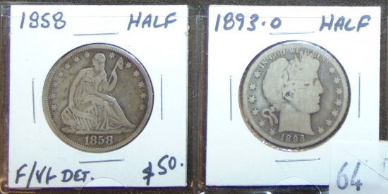 1858 Seated Liberty Half Dollar. 1893-O Barber Half Dollar.