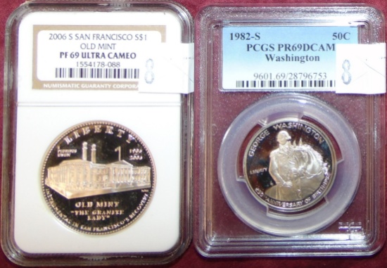 1982-S Half Dollar, 2006-S Dollar (both 90% Silver).