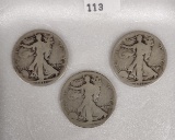 (3) key Waling Liberty Half Dollars: 1916-D, 1917-D, 1917-S (obvrse mint marks).