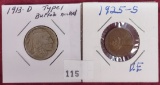 1913-D (type 1) Buffalo Nickel. 1925-S Lincoln Cent VF.