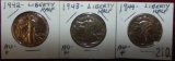 1942, 1943, 1944 Walking Liberty Half Dollars AU-Plus.