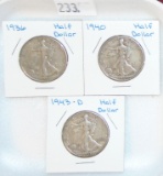 1936, 1940, 1943-D Walking Liberty Half Dollars.