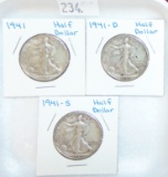 1941, 1941-D, 1941-S Walking Liberty Half Dollars.