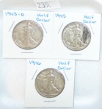 1943-D, 1945, 1946 Walking Liberty Half Dollars.