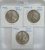 1945, 1945-D, 1946 Walking Liberty Half Dollars.
