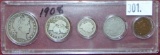 1908 Year Set: Barber Half Dollar, Quarter, Dime. Liberty Head 