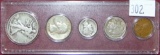1937 Year Set: Walking Liberty Half Dollar, Washington Quarter, Mercury Dime, Buffalo Nickel, Wheat