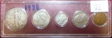 1938 Year Set: Walking Liberty Half Dollar, Washington Quarter, Mercury Dime, Jefferson Nickel, Whea