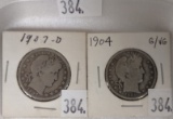 1904, 1907-D Barber Half Dollars.