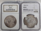 (2) Morgan Dollars: 1885-O NGC MS63, 1904 NGC MS63.