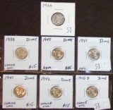 (7) Mercury Dimes: 1930, 1938, 1940, (2) 1941, 1942, 1945-D. (.900 Silver)