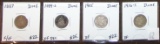 1887, 1889-S Seated Liberty Dimes. 1905, 1916-S Barber Dimes.