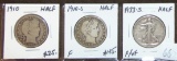 1910, 1910-S Barber Half Dollars. 1933-S Walking Liberty Half Dollar.