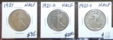 1921, 1921-D, 1921-S Walking Liberty Hafl Dollars. All .900 Silver.