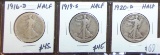 1916-D, 1919-S, 1920-D Walking Liberty Hafl Dollars. All .900 Silver.
