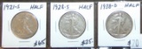 1921-S, 1928-S, 1938-D Walking Liberty Hafl Dollars. All .900 Silver.