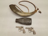 (4Pcs.) VINTAGE POWDER HORN, CAP GUNS, BOTTLE