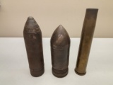 (3Pcs.) ASSORTED INERT ARTILLERY SHELLS AND CASE