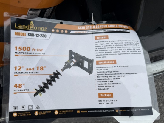 (2X) New Landhonor Quick Attach Auger Drive W/ Bit