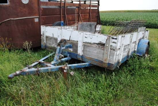 2-Wheel home-built trailer with stake pocket sides, 2” ball hitch & lights, trailer house axle, jack