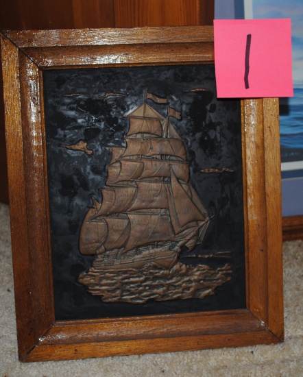 10.5" w x 12.5" t "Ship" pic, 18.5" w x 22.5" t "Ship" painting by G. Sandy Mireault; 23" w x 19" t