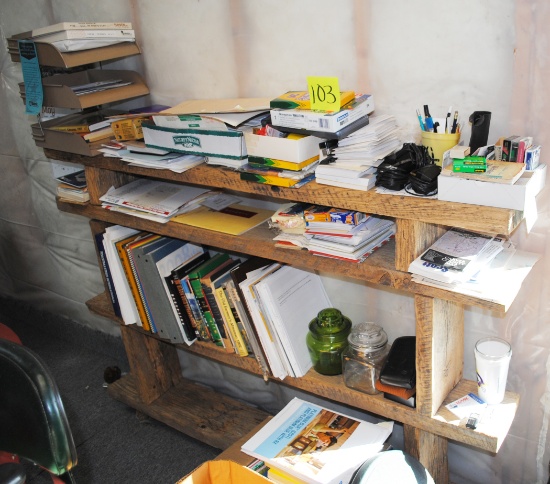 5' wide by 7.5" deep by 41" tall Bookshelf with contents, books, cookie jars, sticky notes, markers,