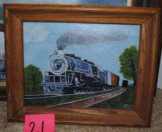14.75 w x 11.75" t "Train" painting by G. Sandy Mireault; 18.75" w x 14.75" t painting of barn by G.