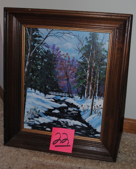 15" w x 18" t Winter scene by G. Sandy Mireault; 13.5" w x 16.5" t Woods canvas by Diana