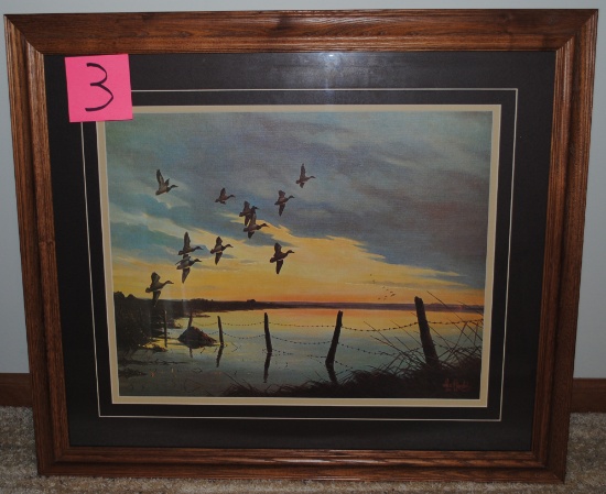 27.5" w x 23.5" t Les Kouba print of Geese flying over the water