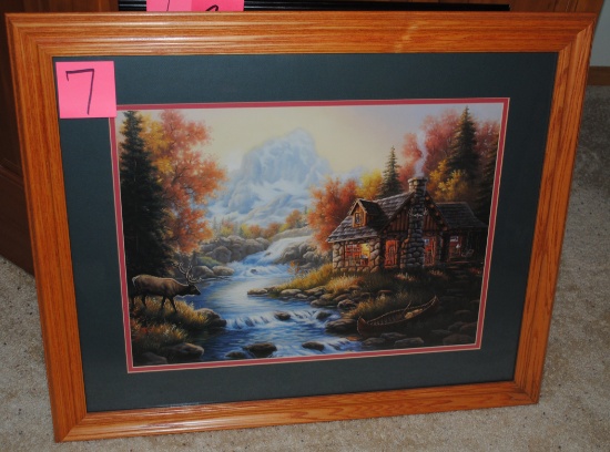 32.75" w x 27" t Cabin in the woods painting with elk