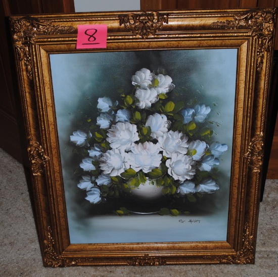 27.5" w x 31.5" t Flower painting by G. Hart on canvas