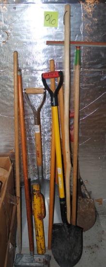 Shovels, scoop shovel, post pounder, walking stick, misc. handles, squeegee